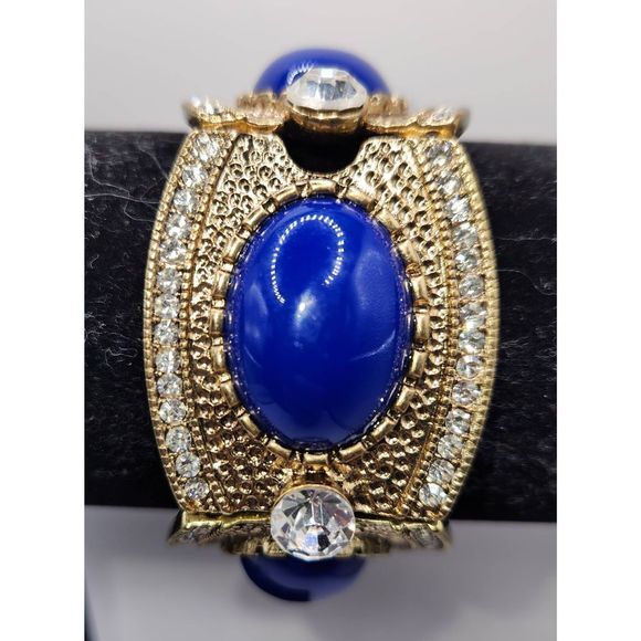 New Natasha Gold with Blue Stone Stretch Cuff Bracelet - Picture 1 of 6